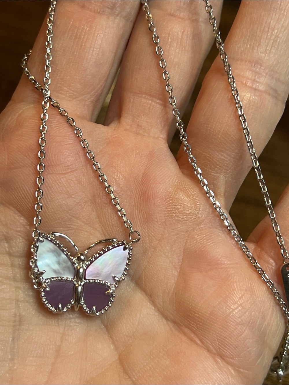 Silver Butterfly Necklace with Purple and Lavender Mother of Pearl Inlay